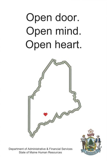 Graphic with State of Maine outlined, with the words Open Door, Open Mind, Open Heart