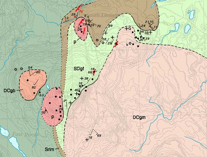 section of bedrock geology map, solid line indicates the most accurate location, dashed line is approximate, dotted line is inferred