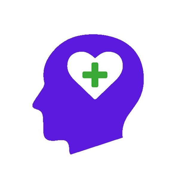 purple cartoon humanoid head in profile with heart and plus sign where brain would be located