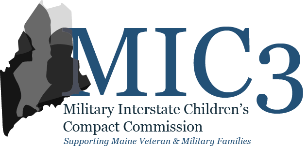 Image of outline of Maine made up of family and the text: MIC3= Military Interstate Children’s  Compact Commission. Supporting Maine Veteran & Military Families...