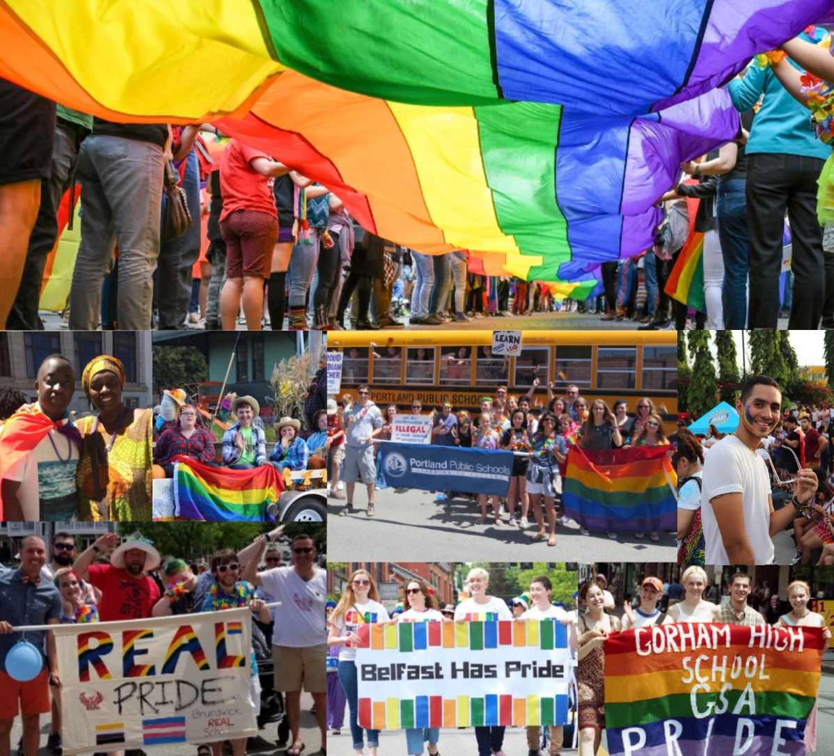Collage of pictures of different students representing gay pride in parades