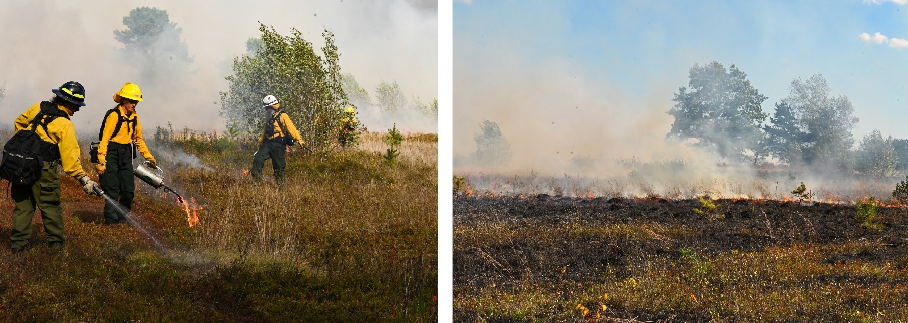Several people in protective yellow clothing and hard hats working a prescribed burn in a grassland.