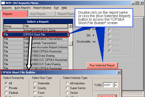WIN202 Reports Menu with CIPSEA Short File Highlighted