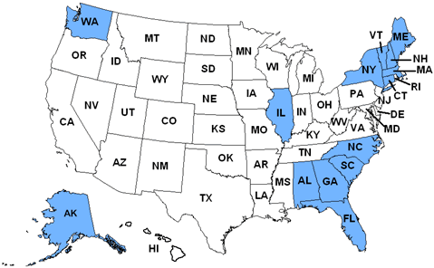 Map of the United States with Highlighted WIN-202 states