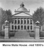 Maine State House, Augusta, Maine, as of the mid-1800s. This building was originally designed by noted American architect Charles Bulfinch, as shown. A high dome was later added. This image is from the US Library of Congress online collection.