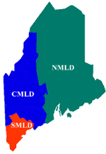 Map of Maine Regional Library System, indicating the three library service districts with NMLD the largest
