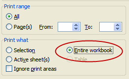 How to print an Exel workbook. Choose "entire" worksbook, not just "selection".