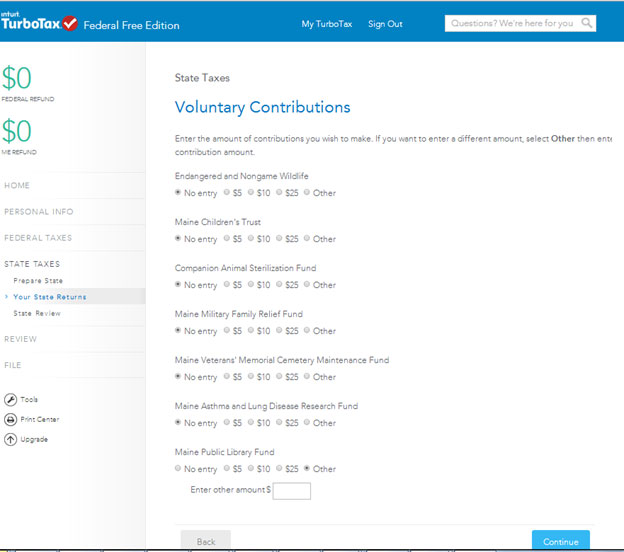TurboTax screen two for voluntary contributions