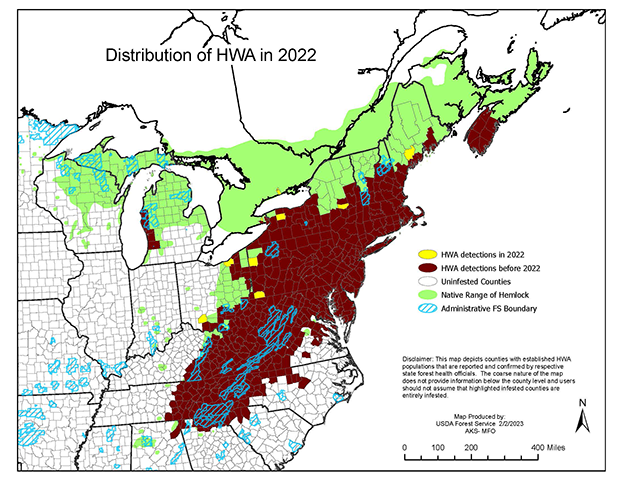 Hemlock Woolly Adelgid Distribution in the Eastern United States.  USFS
