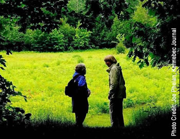 Two people standing at the edge of a field on a wooded trail