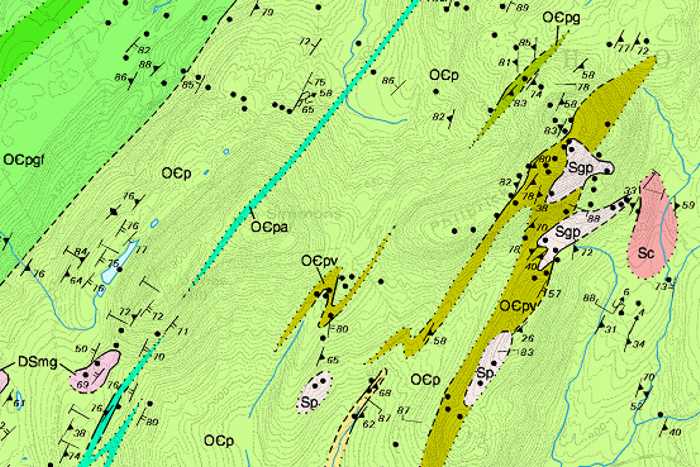 section of bedrock geology map with structural symbols