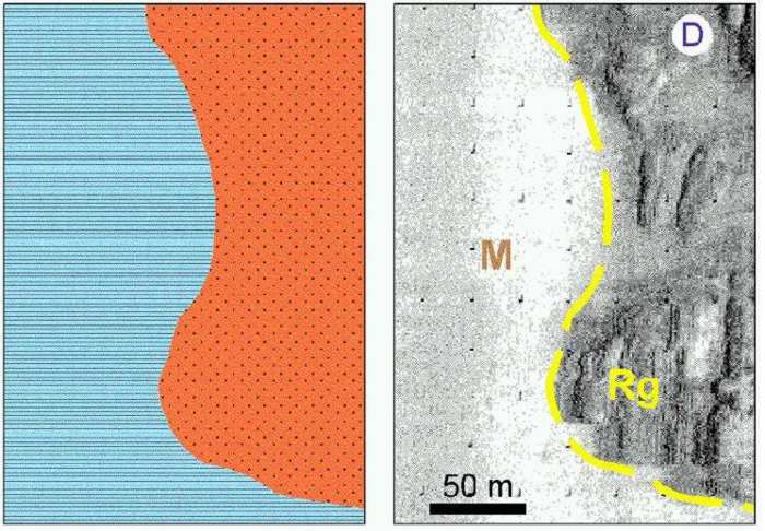 side-scan sonar of mud and rock greater than gravel