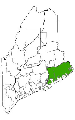 Map showing distribution of Maritime Slope Bog communities in Maine