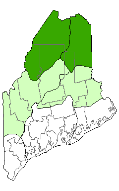 map showing distribution of balsam poplar floodplain forest in Maine