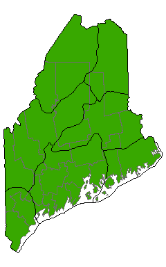 Map showing distribution of Spruce - Larch Wooded bog communities in Maine