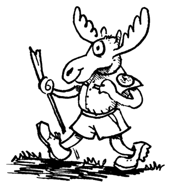 Junior Ranger Mascot, a moose, hiking up a trail in a ranger uniform.