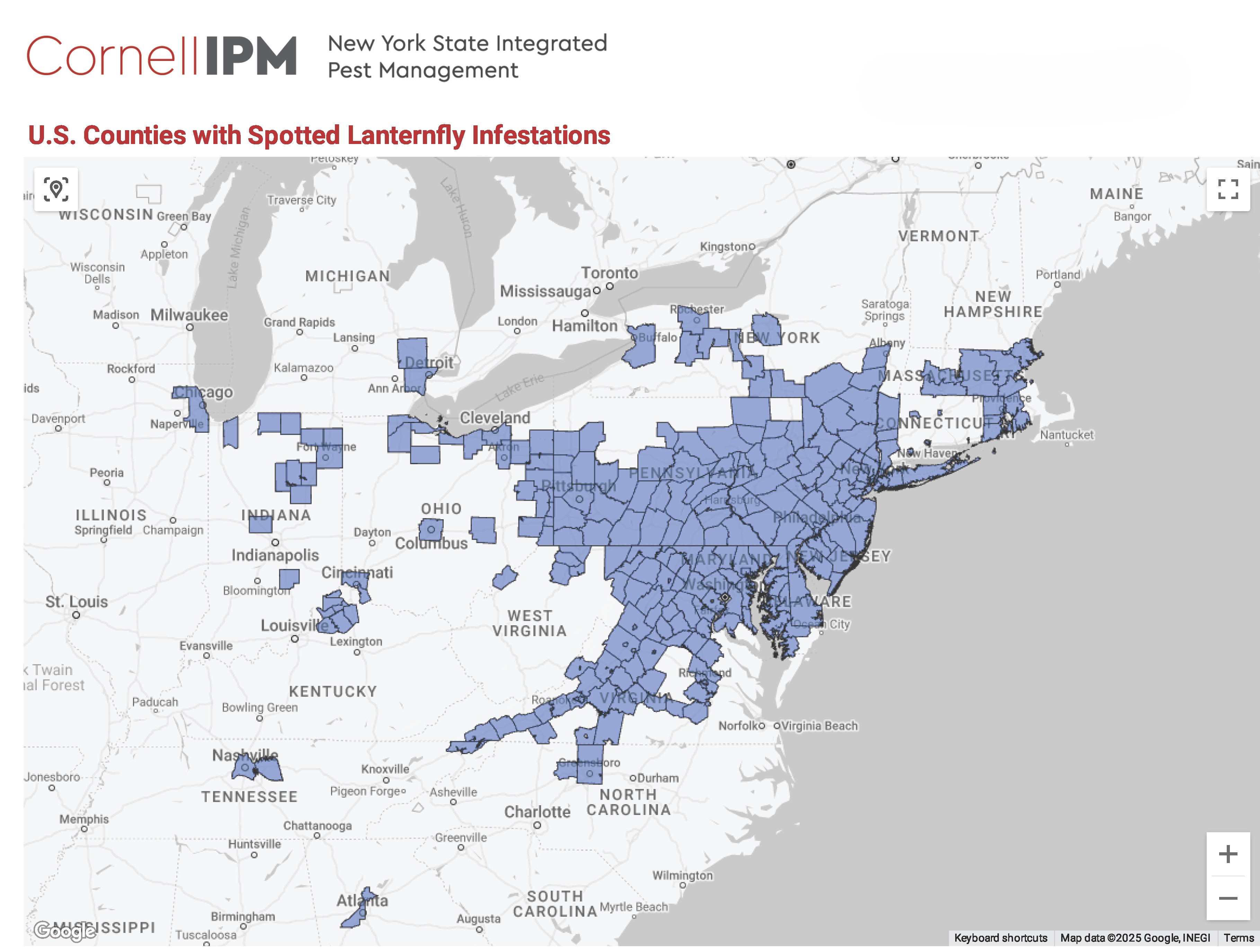 U.S. map of spotted lanternfly finds and established populations, NY State IPM