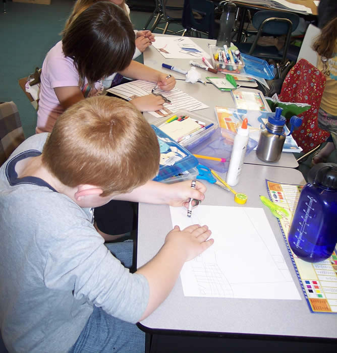 school children working