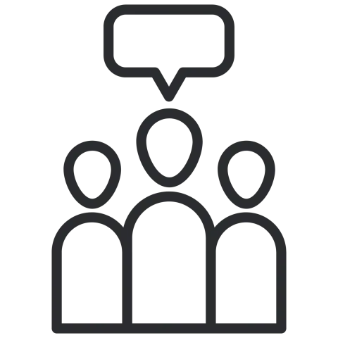 Three people with a speech balloon over the middle person