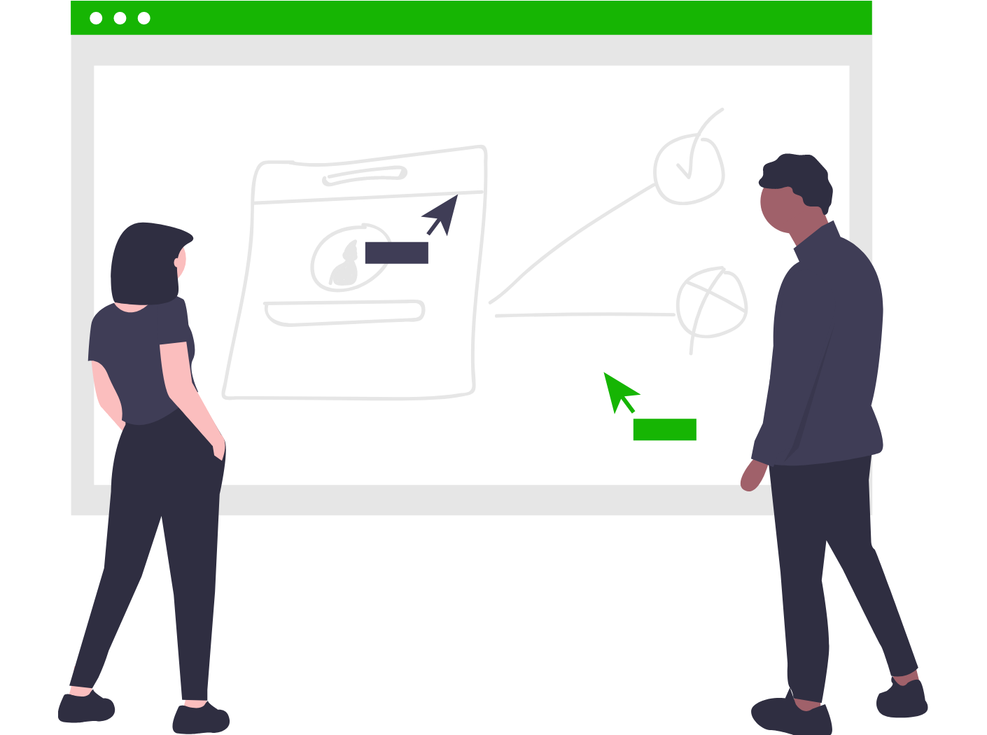 drawing of two people viewing a computer window