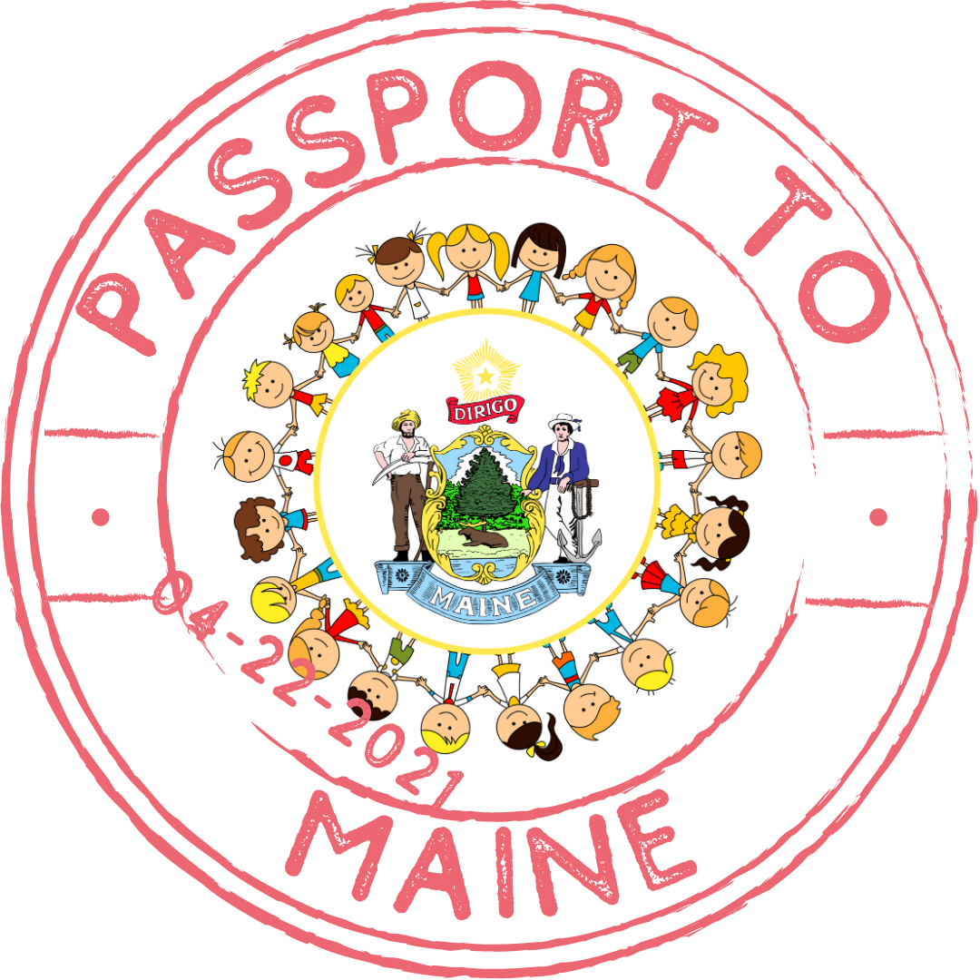 Passport stamp to Maine of cartoon children holding hands around the state seal