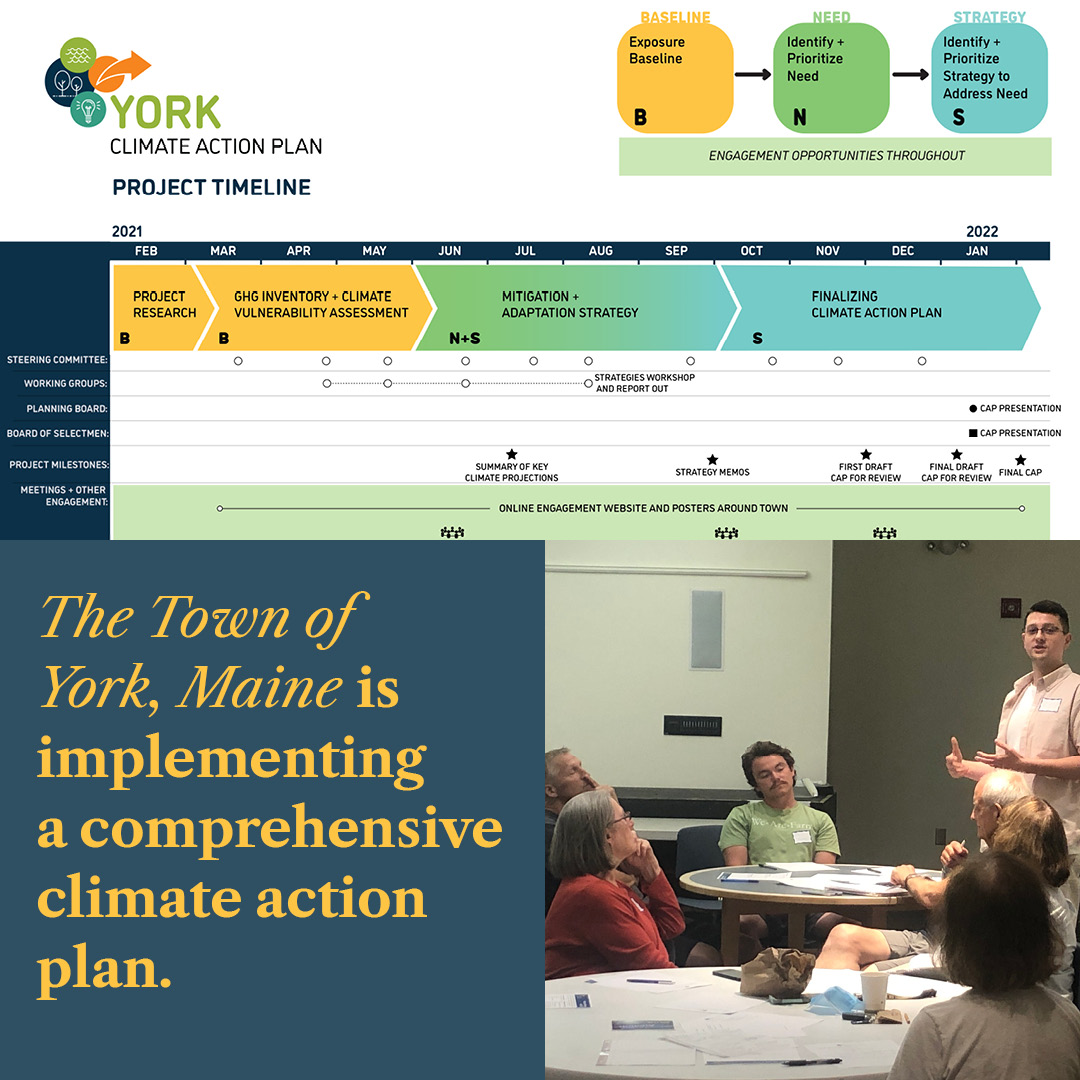 Picture of people sitting around a table and text "The Town of York, Maine is implementing a comprehensive climate action plan."  