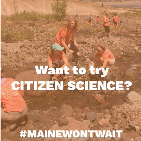 Young people standing near a stream bed taking scientific measurements, with text in foreground reading "Want to try citizen science?"