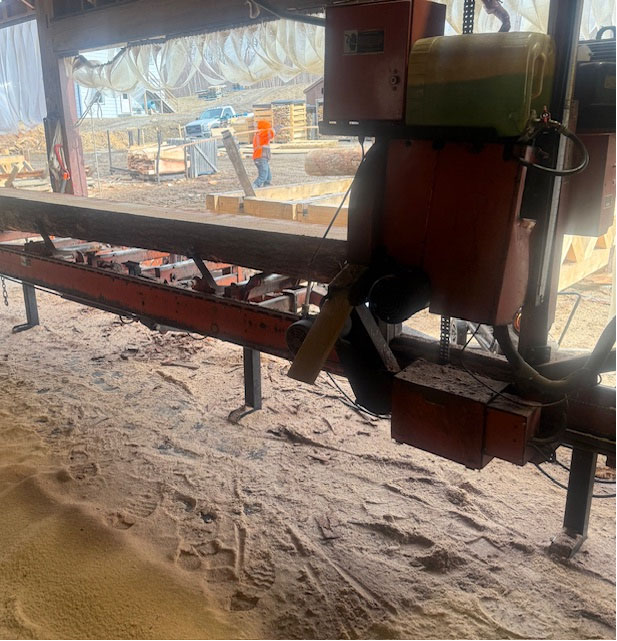 A wood saw in the foreground with staff in the background