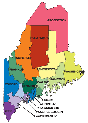 Maine map showing counties. Click on a county to find a food program.