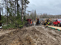 Derailment site, disturbed soils, timbers for heavy equipment mats - 05/3/2023