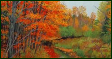 Fall Conference painting - trees on either side of a stream.