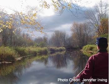 Looking ahead down a stream from the back of a canoe.