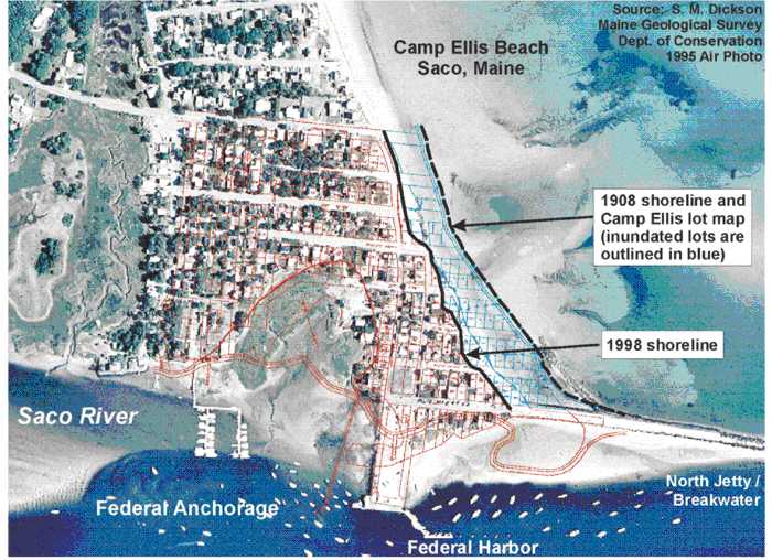 air photo showing erosion at Camp Ellis with 1908 and 1998 shorelines