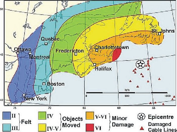 map of area affected by 1929 earthquake