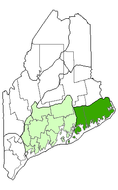 Map showing distribution of Downeast Maritime Shrubland in Maine