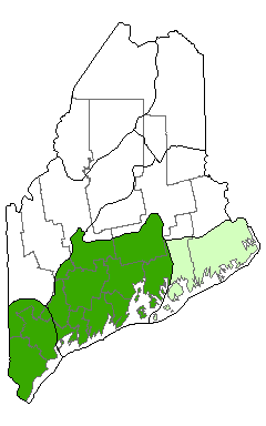 Map showing distribution of Little Bluestem - Blueberry Sandplain Grassland communities in Maine