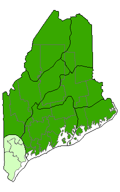 map showing distribution of red spruce - mixed conifer woodlands in Maine
