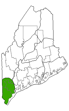 Map showing distribution of Pitch Pine - Scrub Oak Parren communities in Maine