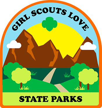 Logo for Girl Scouts Love State Parks 2021 showing a heart, the sun, river, earth, and trees