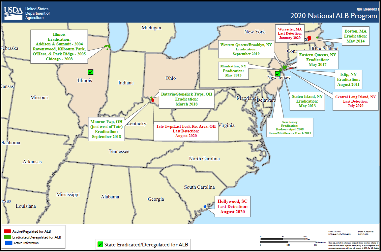 North American map of Asian longhorned beetle finds, USDA Forest Service