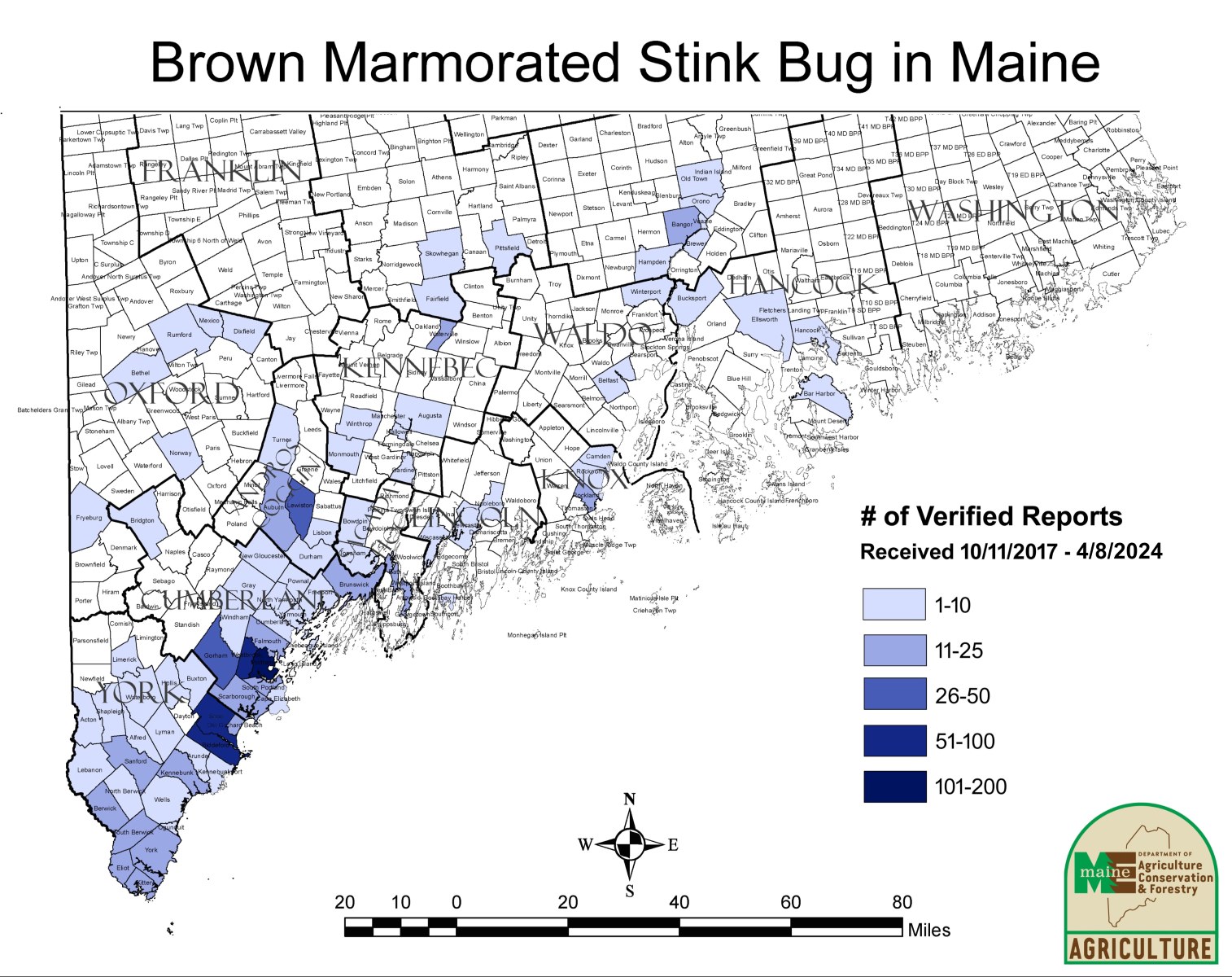 map of brown marmorated stink bug reports in Maine