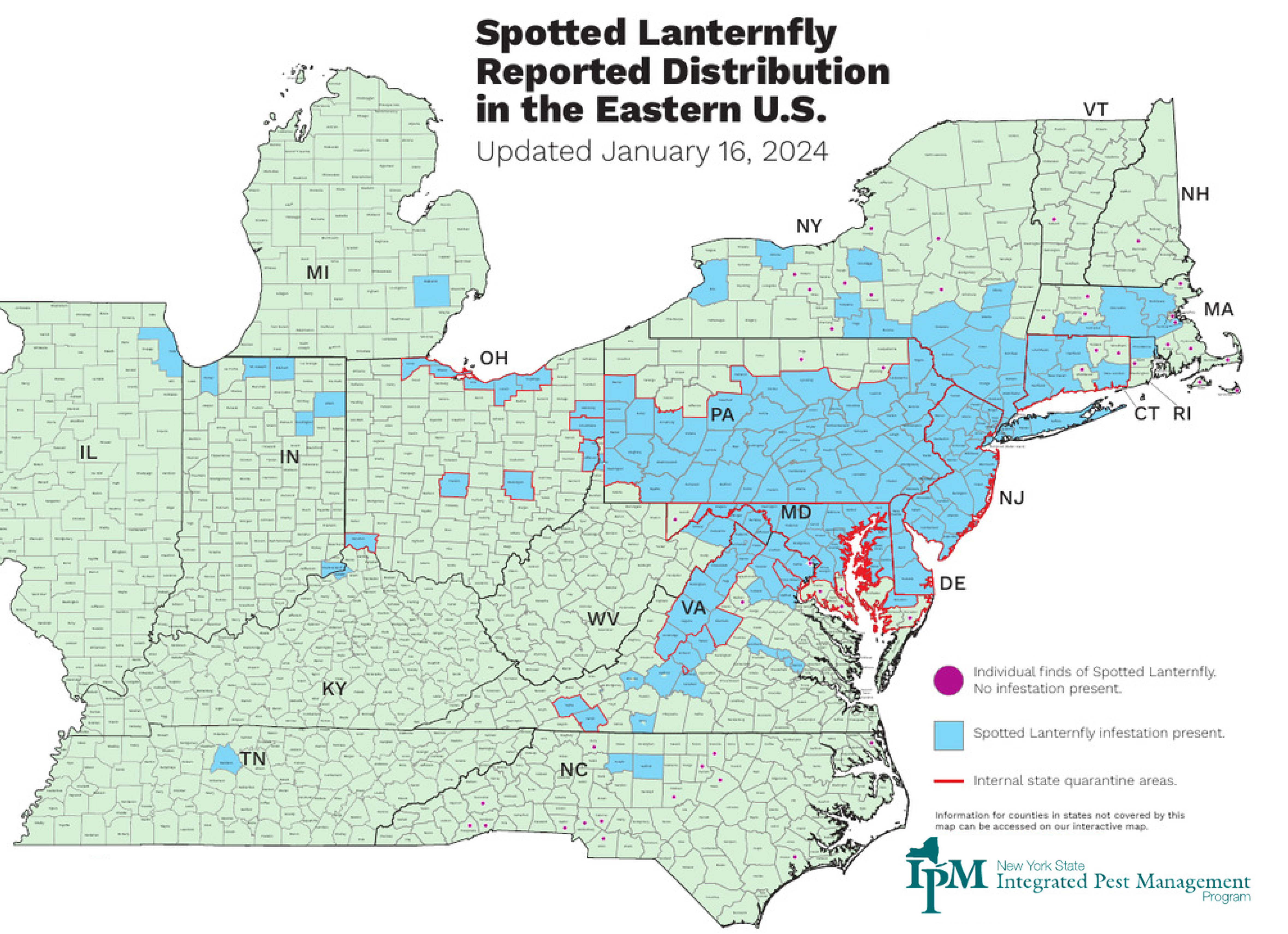 U.S. map of spotted lanternfly finds and established populations, NY State IPM