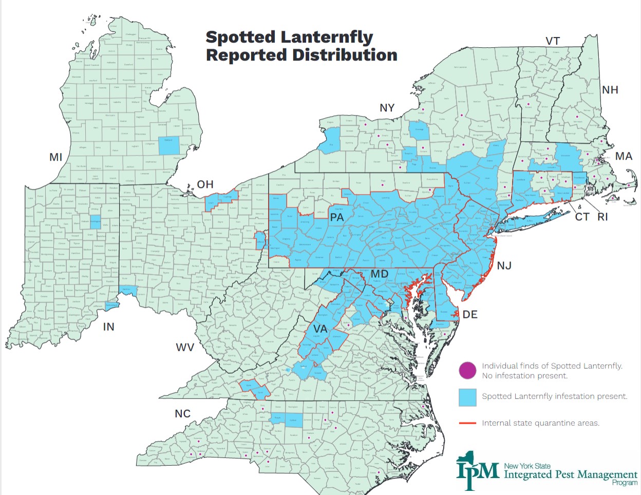 U.S. map of spotted lanternfly finds and established populations, NY State IPM
