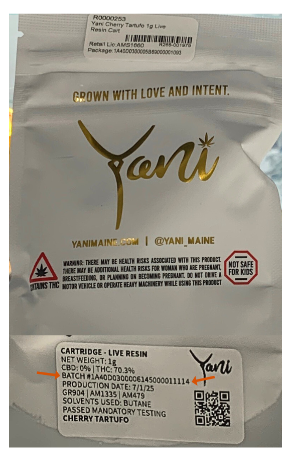 Yani Vape Cartridge Packaging for Batch Number 1A40D0300006145000011114