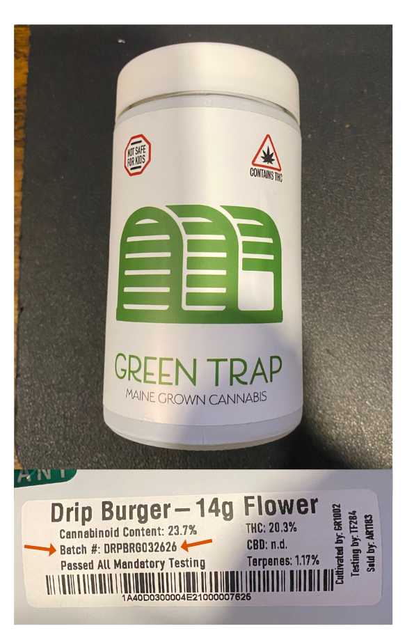 Green Trap flower package and label 1/2 ounce