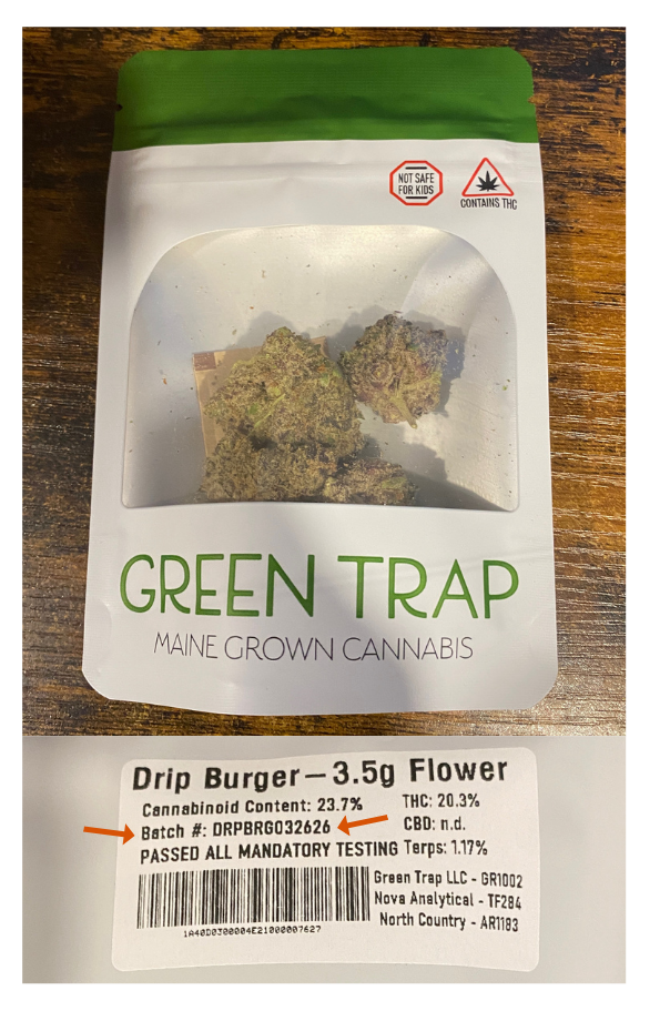 Green Trap flower package and label 1/8 ounce