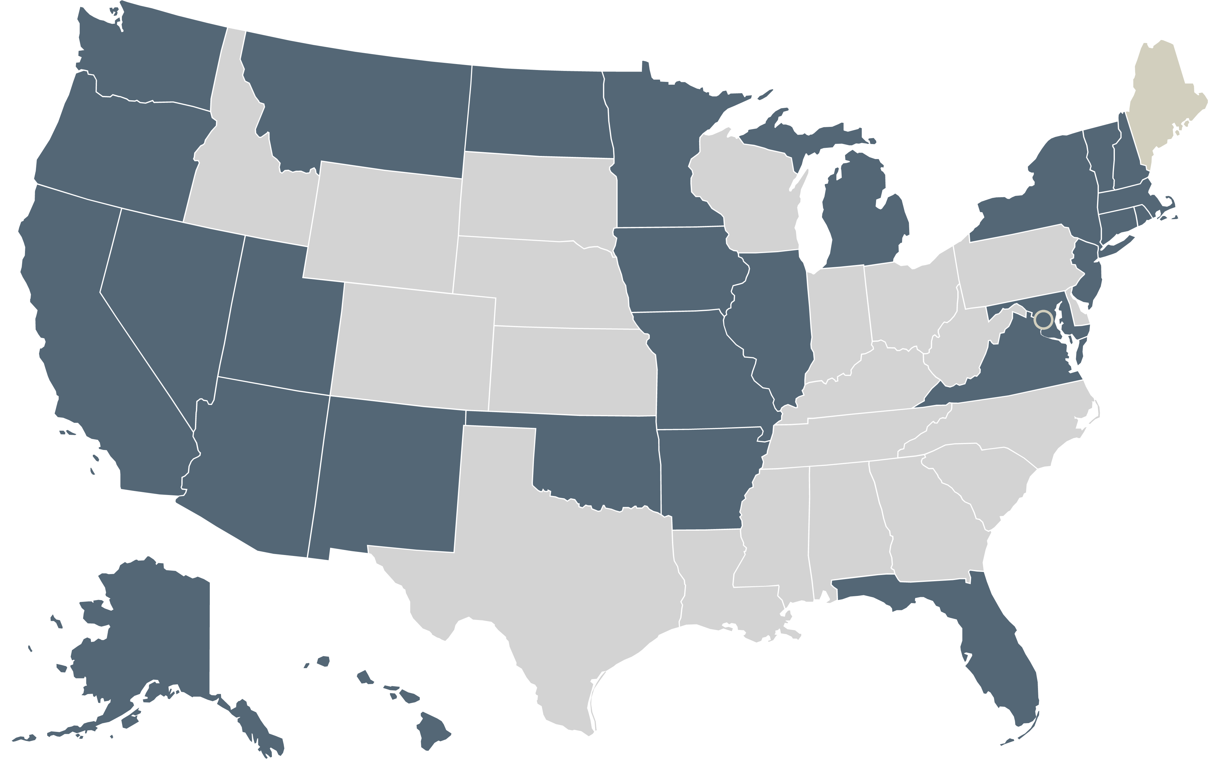 A map showing states that have medical cannabis credentials approved for use in Maine.