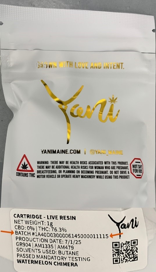 Yani Vape Cartridge Packaging for Batch Number 1A40D0300006145000011115