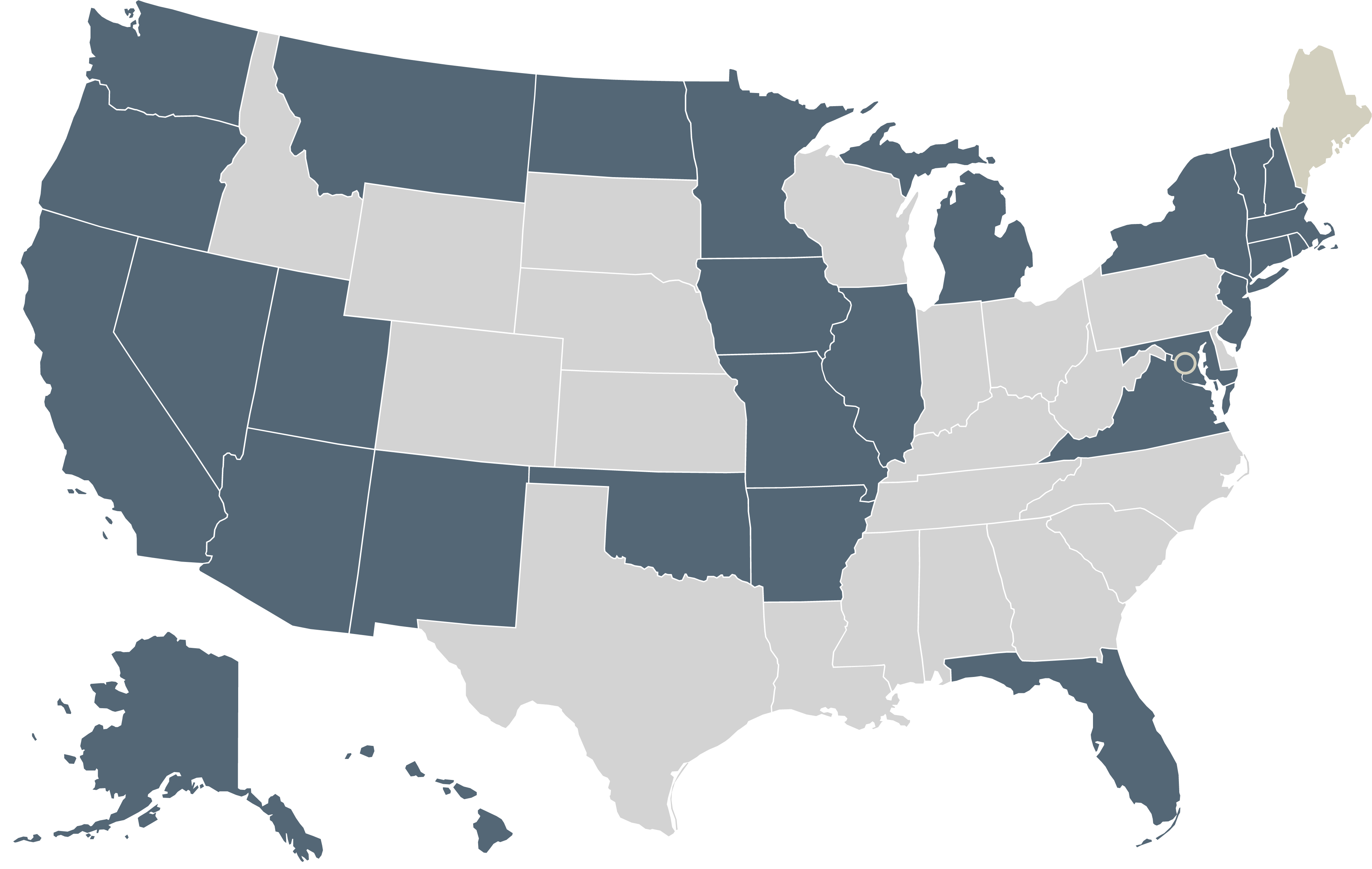 A map showing states that have medical marijuana credentials approved for use in Maine.