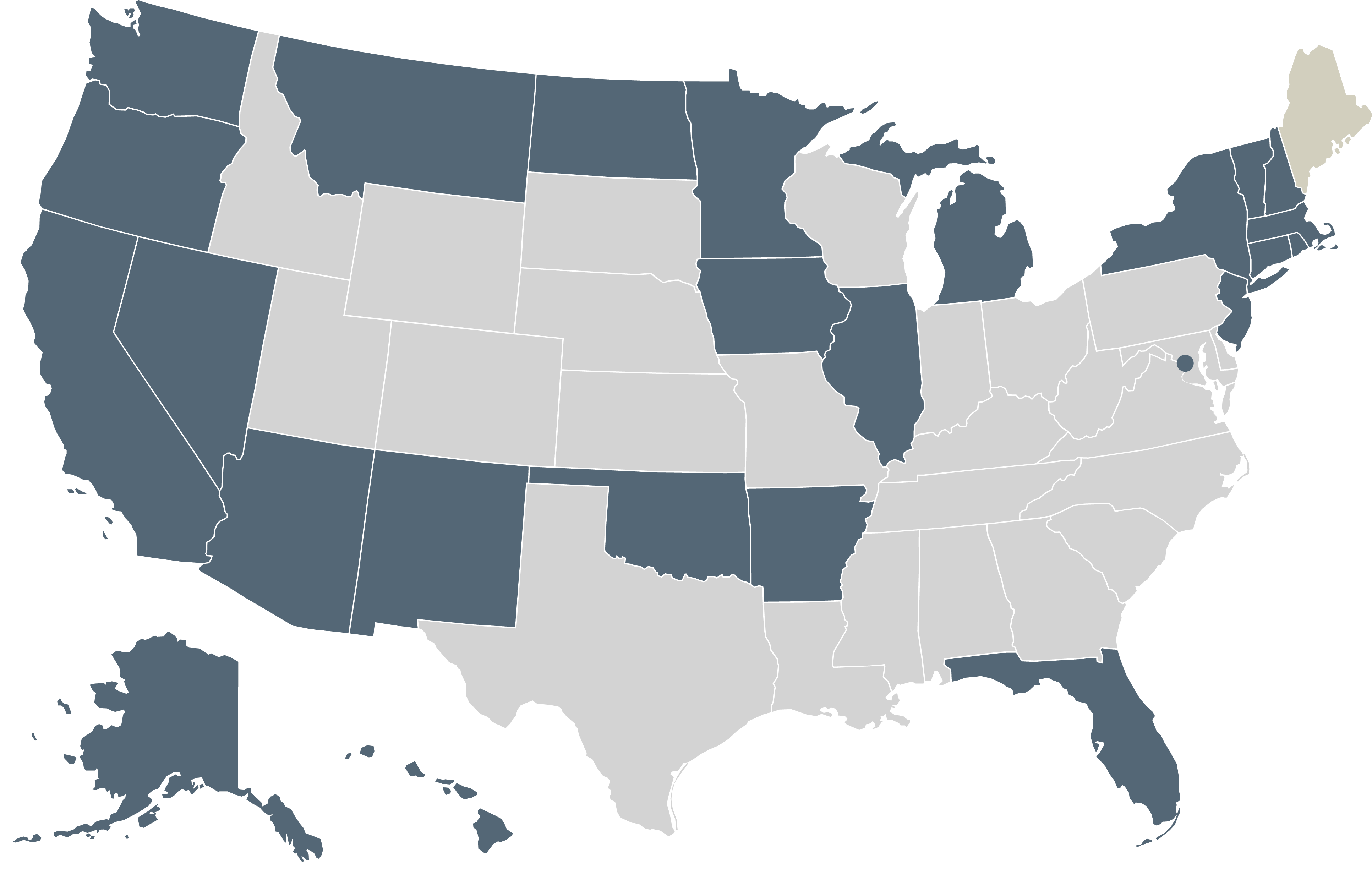 A map showing states that have medical marijuana credentials approved for use in Maine.